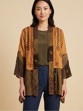 NWT Boho Patchwork Open-Front Kimono Cardigan in Mustard Brown